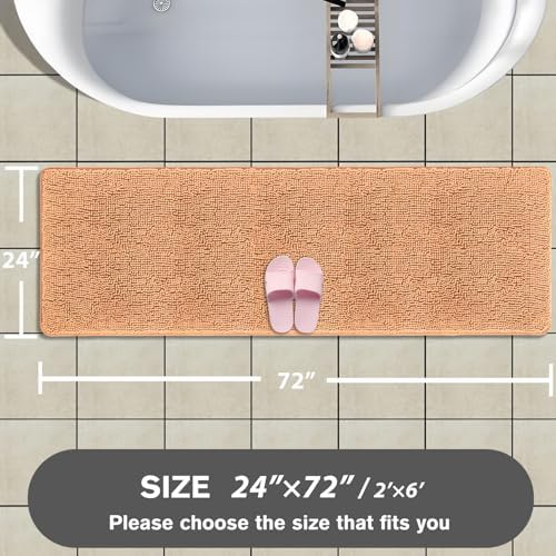Bathroom Runner Rug 24 x 72 Non Slip – Extra Long Bath Mat | Absorbent and Washable Thick Chenille Runner Rug for Bathroom, Shower, Tub, Sink(Peach)