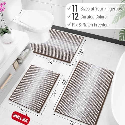 OLANLY Bathroom Runner Rugs 59x20, Soft Chenille Striped Bath Rugs, Brown