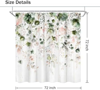 Rustic Green Pink Floral Eucalyptus Leaves Bathroom Shower Curtain Set