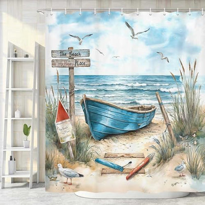 Nautical Coastal Shower Curtain for Bathroom, Ocean Beach Decor Bath Curtains, Blue Teal Seasides Sailboat Shower Curtain Set with Hook 72X72IN