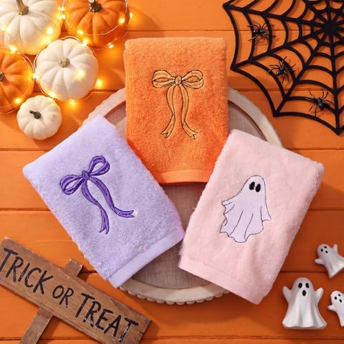 FuWeave 3 Pcs Purple Orange Halloween Ghost Hand Towels for Bathroom