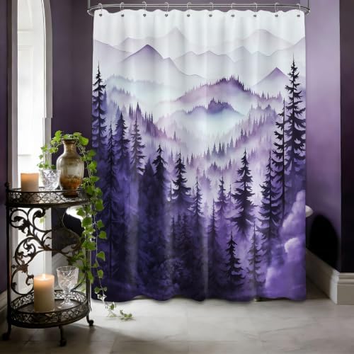 Dark Purple Forest Shower Curtain, 60X72 in, Mountain Rustic Pine Tree