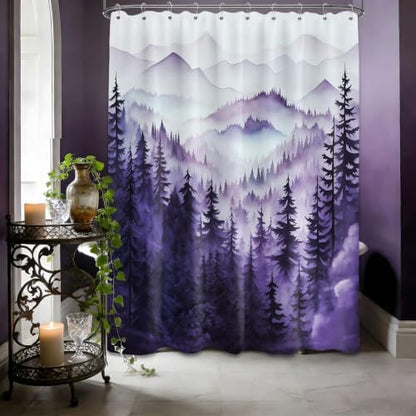 Dark Purple Forest Shower Curtain, 60X72 in, Mountain Rustic Pine Tree