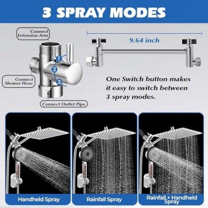 Filtered Shower Head,8”Rain Shower Head with Handheld Spray Combo with 11'' Angle Adjustable Extension Arm/Flow Regulator/Shower System,High Pressure Rainfall Shower Head Bathroom,Chrome
