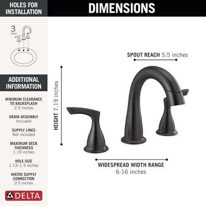 Delta Broadmoor Matte Black Bathroom Faucet with Sprayer, 8 Inch 3 Hole Widespread Bathroom Sink Faucet with Pull Out Sprayer, Push-Pop Drain, Matte Black 35765LF-BLPD