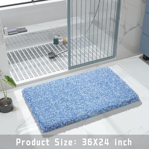 Yimobra Bathroom Rugs Non Slip Washable 36X24, Ultra Soft and Water Absorbent Bath Mats, Plush Fluffy Shower Mat Outside, Luxury Microfiber Thick Matts for Bathroom Floor/Tub, Blue and White