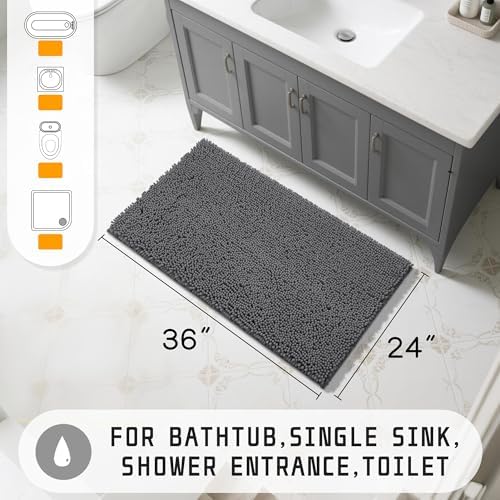 Yimobra Large Bathroom Rugs 36"x24", Non Slip Bath Mat for Tub, Shaggy Rug Floor Carpet, Extra Soft Super Absorbent Quick Dry, Machine Washable,Dark Gray