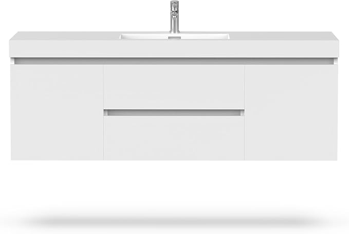 Vanity Art 60 Inch Single Sink Wall Mounted Bathroom Vanity Set 2 Drawers Storage Cabinet with White Engineered Stone Top Undermount Rectangle Sink High-Glossy