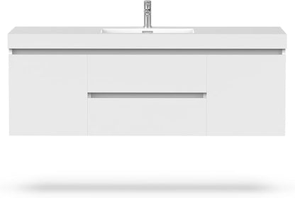 Vanity Art 60 Inch Single Sink Wall Mounted Bathroom Vanity Set 2 Drawers Storage Cabinet with White Engineered Stone Top Undermount Rectangle Sink High-Glossy