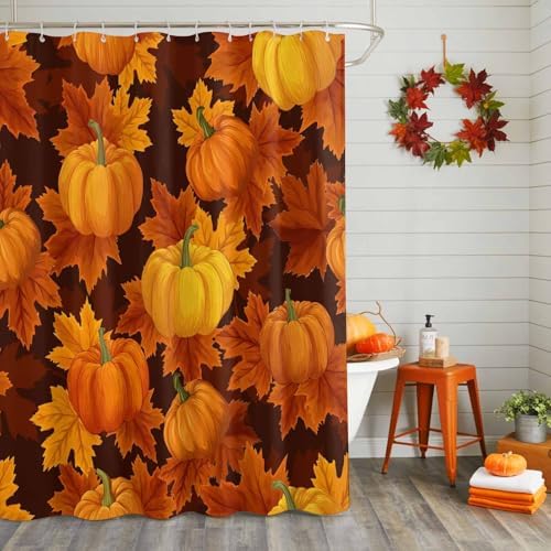 Shower Curtain Bathroom Set Thanksgiving Pumpkin Fall Orange Maple Leaf Waterproof Shower Curtains with Grommets Hooks Autumn Watercolor Leaves Privacy Bath Curtain for Bathtub Decor 72x78in