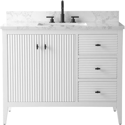 Vanity Art 42 inch Bathroom Vanity with Single Sink & Ceramic Top, Vanity Cabinet with Soft-Closing Door, Solid Wood Frame, Linear Pattern, White, VA9142-W-MB,Matte Black Handles