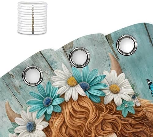 Cute Cow Shower Curtain, Farmhouse Rustic Teal Floral Daisy Highland Cow Shower Curtains for Bathroom, Calf Country Farm Animal Garden Plant Fabric Bathroom Decor with Hooks, 47x64 inch
