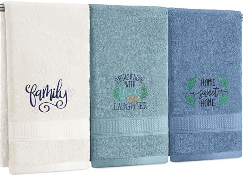 FuWeave 3 Pcs Decorative Hand Towels for Bathroom,Blue,Home Love Family