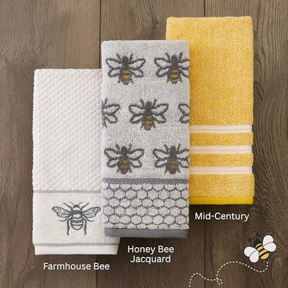 SKL Home Honey Bee Hand Towel Set-2pc, 100% Cotton Jacquard, White/Gray