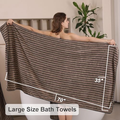 8 Pcs Brown Cabana Stripe Large Bath Towel Set-2 Bathroom Towels,2 Hand Towels,4 Washcloths Lightweight Soft Microfiber Bath Sheet Absorbent Shower Towel Quick Dry Beach Chair Spa Gym Hotel Towels