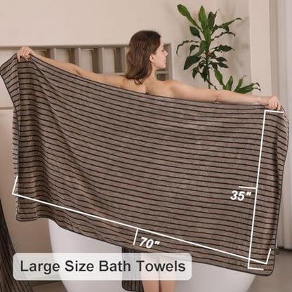 8 Pcs Brown Cabana Stripe Large Bath Towel Set-2 Bathroom Towels,2 Hand Towels,4 Washcloths Lightweight Soft Microfiber Bath Sheet Absorbent Shower Towel Quick Dry Beach Chair Spa Gym Hotel Towels