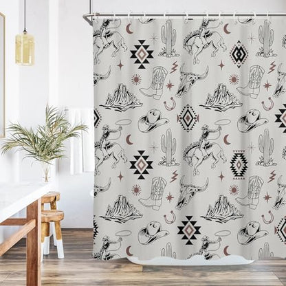 EGIGCC Western Cowboy Shower Curtain, Gray Aztec Southwestern Desert Cactus Bathroom Decor, Farmhouse Country Tribal Fabric Drapes for Men Boys, 60x72 Inch, 12 Hooks