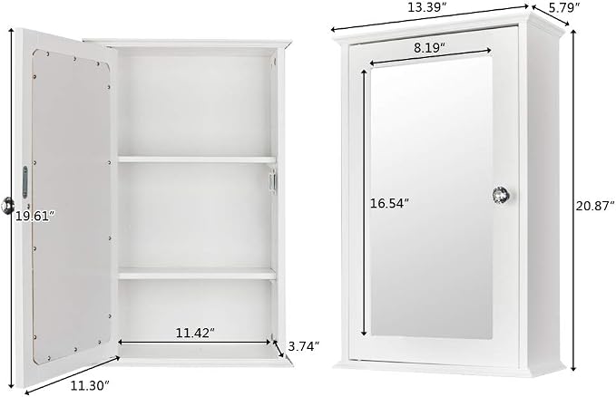 Karl home White Wall Mounted Medicine Cabinet, Single Mirror Bath Storage | Wooden Wall Cabinet with Adjustable Shelves for Bathroom, Living Room, Entryway Storage