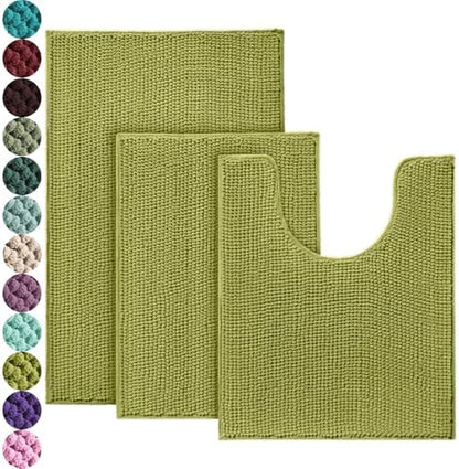 Urvoix Bathroom Rugs Sets 3 Piece, Chenille Bath Mat Set, Moderate Olive