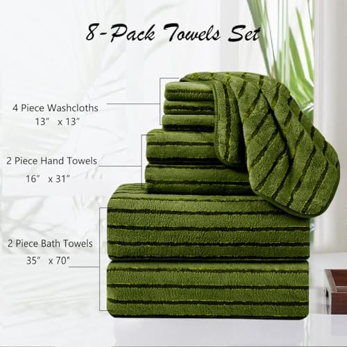 8 Pcs Dark Green Cabana Stripe Large Bath Towel Set Oversized Bath Sheet-2 Bath Towels,2 Hand Towels,4 Washcloths Soft Jumbo Towels Absorbent Shower Towel Beach Chair Towels Spa Gym Hotel Towel
