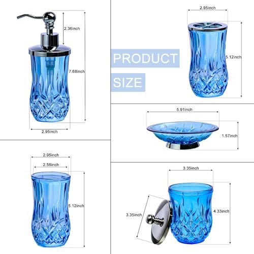 Blue Bathroom Accessories, Round Thick Glass & Metal Pump