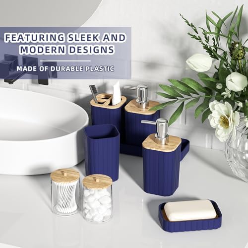 XLHOMO Bathroom Accessories Set - Elegant Blue Bathroom Set, 10PC Bathroom Accessory Set, Toilet Brush, Trash Can, Qtip Holder Dispenser & Soap Dispenser