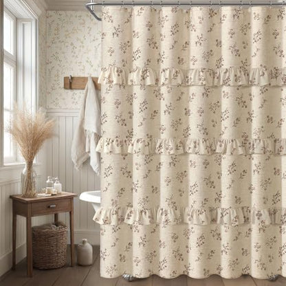 Brown Floral Farmhouse French Country Ruffle Linen Shower Curtain 72Wx72H