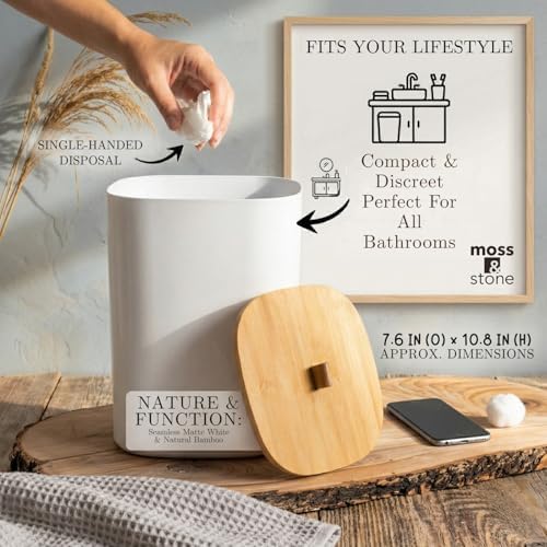 Moss & Stone 6-Pcs White & Bamboo Bathroom Accessories Set, Soap Dispenser