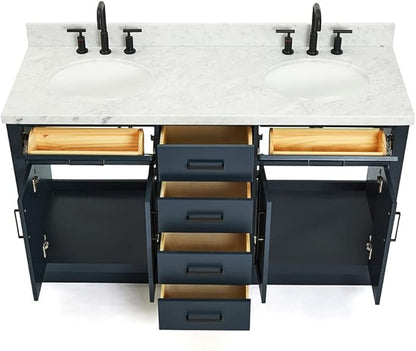 ARIEL Hepburn 60-inch Bathroom Vanity with Sink,Solid Wood, 1.5-inch Italian Carrara Marble Countertop, Double Oval Porcelain Sink, 4 Soft Closing Doors, 6 Dovetail Drawers, Midnight Blue