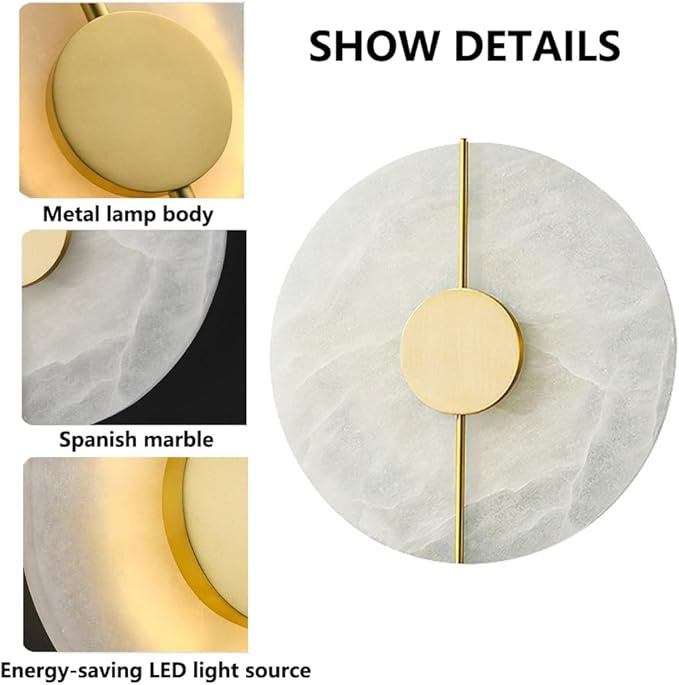 Modern Round Alabaster Natural Marble Wall Light,3000K Warm Light 7W Energy Saving Wall Sconce,Metal Base Wall Mounted Lamp, for Living Room Bedroom Bedside Stairs Hallway (Gold)