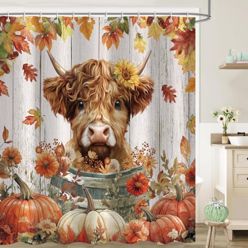 Fall Highland Cow Shower Curtain, Funny Autumn Pumpkin Farmhouse Thanksgiving Bathroom Decor, 72 x 72 Inch Polyester Fabric Waterproof Bathroom Curtain with 12 Hooks