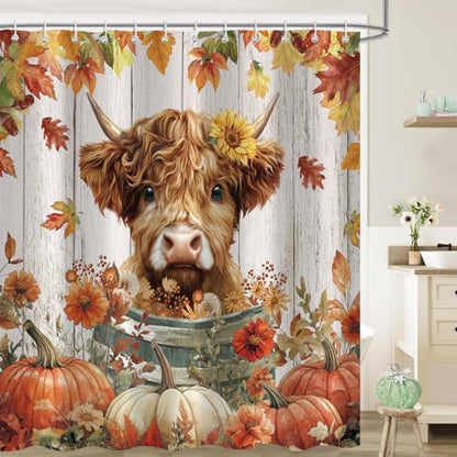Fall Highland Cow Shower Curtain, Funny Autumn Pumpkin Farmhouse Thanksgiving Bathroom Decor, 72 x 72 Inch Polyester Fabric Waterproof Bathroom Curtain with 12 Hooks