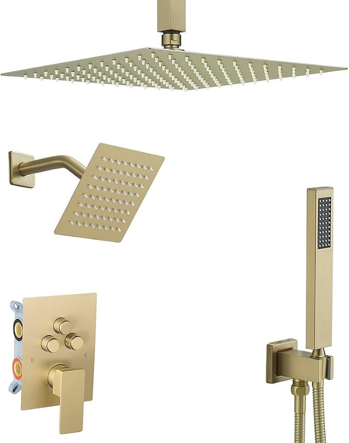 Shower Faucet Set Brushed Gold 12 Inch Ceiling Mount Rainfall Shower System with 2 Rain Shower Head and Handheld Head Push Button Diverter Shower Trim Kit and Rough-in Valve Body