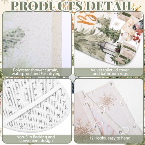 FuWeave 8 Pcs Christmas Shower Curtain Set Xmas Santa Bathroom Decoration Christmas Tree Hand Towels Snowman Toilet Lid Cover Bathroom Rugs Xmas Shower Curtain with Hooks (Vintage Style)