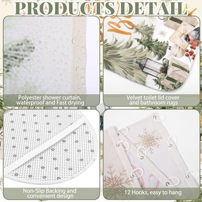 FuWeave 8 Pcs Christmas Shower Curtain Set Xmas Santa Bathroom Decoration Christmas Tree Hand Towels Snowman Toilet Lid Cover Bathroom Rugs Xmas Shower Curtain with Hooks (Vintage Style)