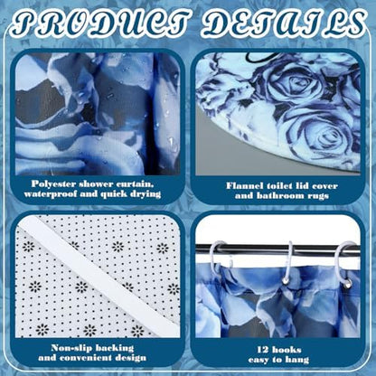 Honoson 8 Pcs Blue Floral Shower Curtain Bathroom Set with Rugs