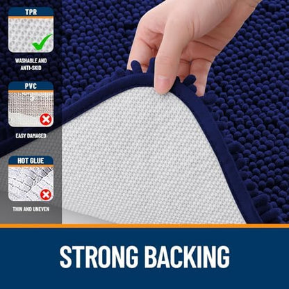 OLANLY Chenille Bathroom Rugs Mats Sets 2 Piece, 47"x20"+24"x20", Navy