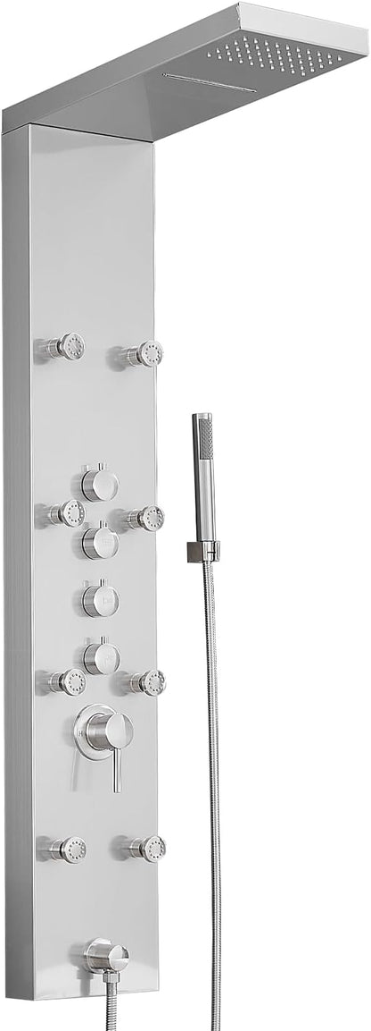 Shower Panel Tower System, 4 in 1 Stainless Steel Rainfall Shower Panels with 4-Functions, 8 Body Massage Jets, Handheld Head, Wall Mounted Brushed Nickel