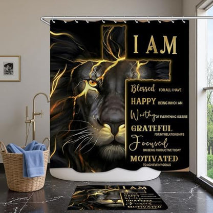 4 Pcs Black Gold Cross and Lion Shower Curtain Set with Rugs