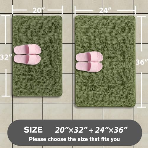 Sage Bathroom Rugs Sets 2 Piece – Absorbent and Washable Bath Mat, Non-Slip, Thick Soft Chenille Bath Rugs for Bathroom Floor, Shower, Sink - 20" x 32"+24" x 36"