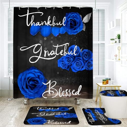 Onalasyc 4Pcs Blue Rose Floral Shower Curtain with Rugs Set