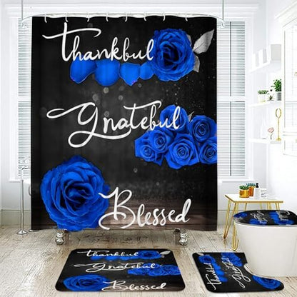 Onalasyc 4Pcs Blue Rose Floral Shower Curtain with Rugs Set
