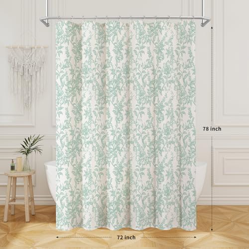 Teal Boho Linen Fabric Shower Curtain , Farmhouse Floral For Bathroom