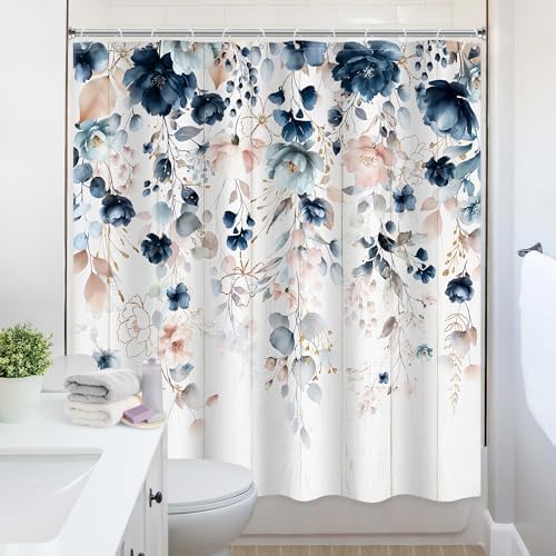 Rustic Floral Boho Blue Pink Eucalyptus Bathroom Shower Curtain Set