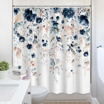 Rustic Floral Boho Blue Pink Eucalyptus Bathroom Shower Curtain Set