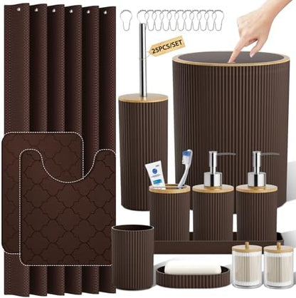 Bathroom Accessories Set 25 PCS, Brown Shower Curtains Set
