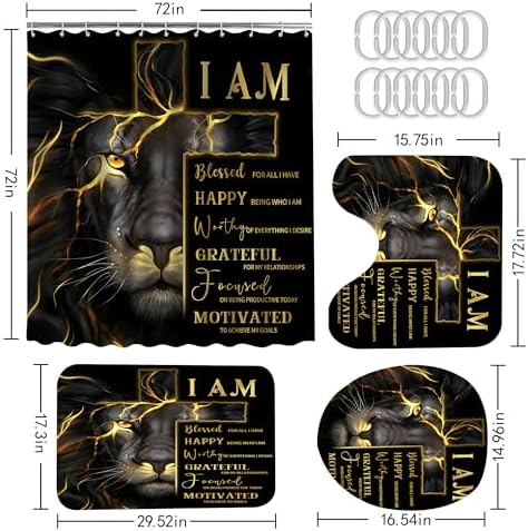 4 Pcs Black Gold Cross and Lion Shower Curtain Set with Rugs