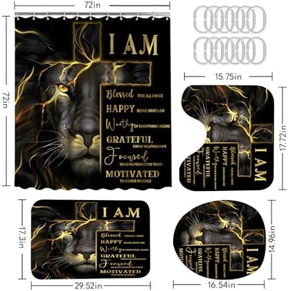 4 Pcs Black Gold Cross and Lion Shower Curtain Set with Rugs
