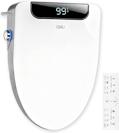 Heated Bidet Toilet Seat Elongated with LED Display & Remote Control - Smart Soft Close Toilet Seat Electric Bidet with Dryer, Warm Water, Feminine Wash, Self-Cleaning Nozzle, IPX4, White