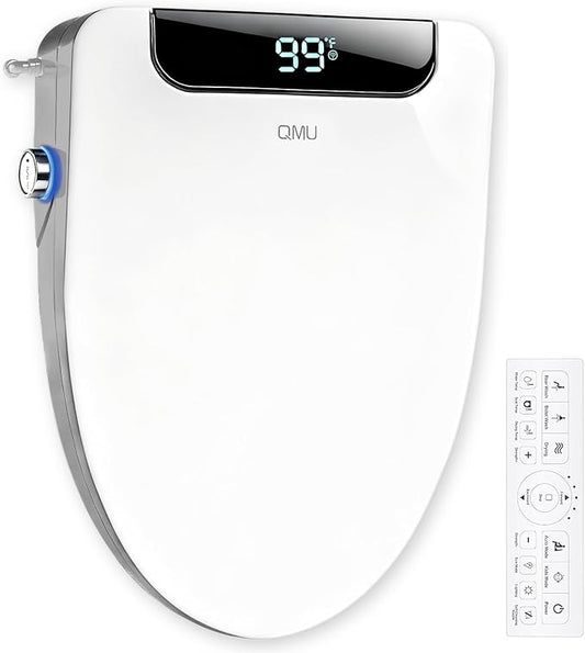 Heated Bidet Toilet Seat Elongated with LED Display & Remote Control - Smart Soft Close Toilet Seat Electric Bidet with Dryer, Warm Water, Feminine Wash, Self-Cleaning Nozzle, IPX4, White